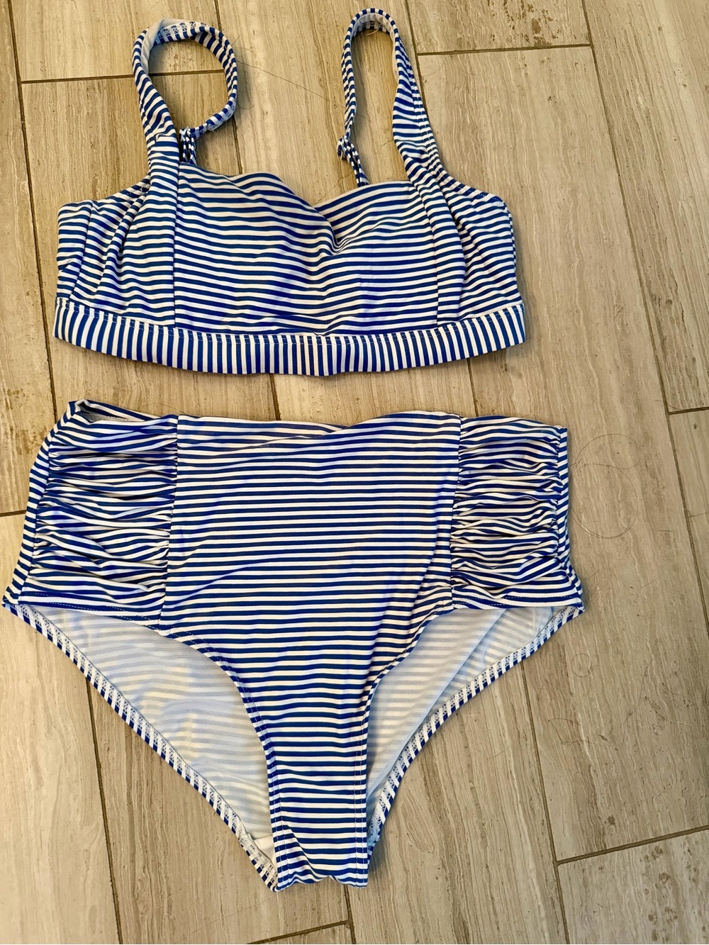 Striped Blue and White High-Waist Bikini